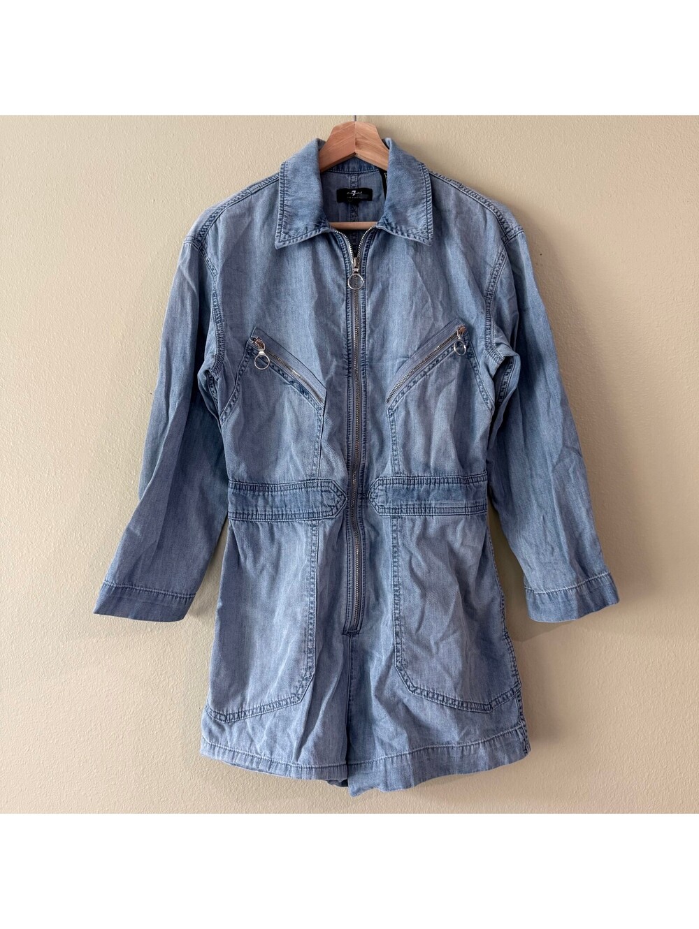 7 For All Mankind Light Blue Denim Zip Front Romper S